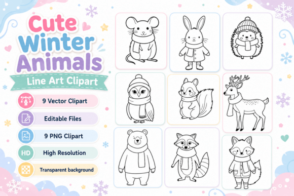 Cute Winter Animals Line Art Clipart Guide